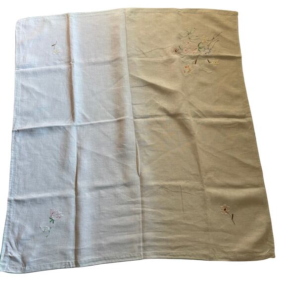 Cottage Core Flower Appliquéd Small Linen White Tablecloth Green Pink Blue 33x35 - Picture 3 of 9